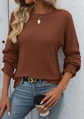 Textured Smocked Cuff Crew Neck Casual T-shirt